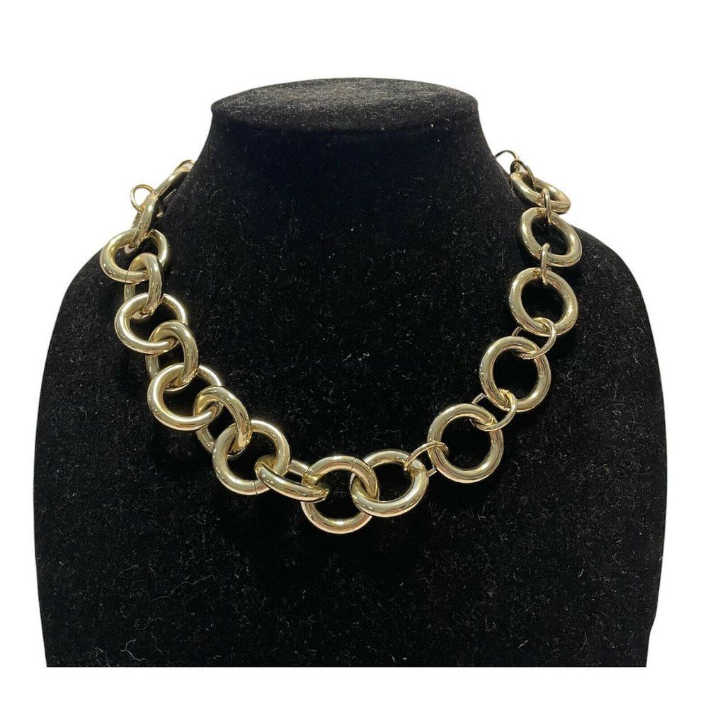 Signed J CREW Chunky Gold Tone 18” Circle Link Chain Necklace